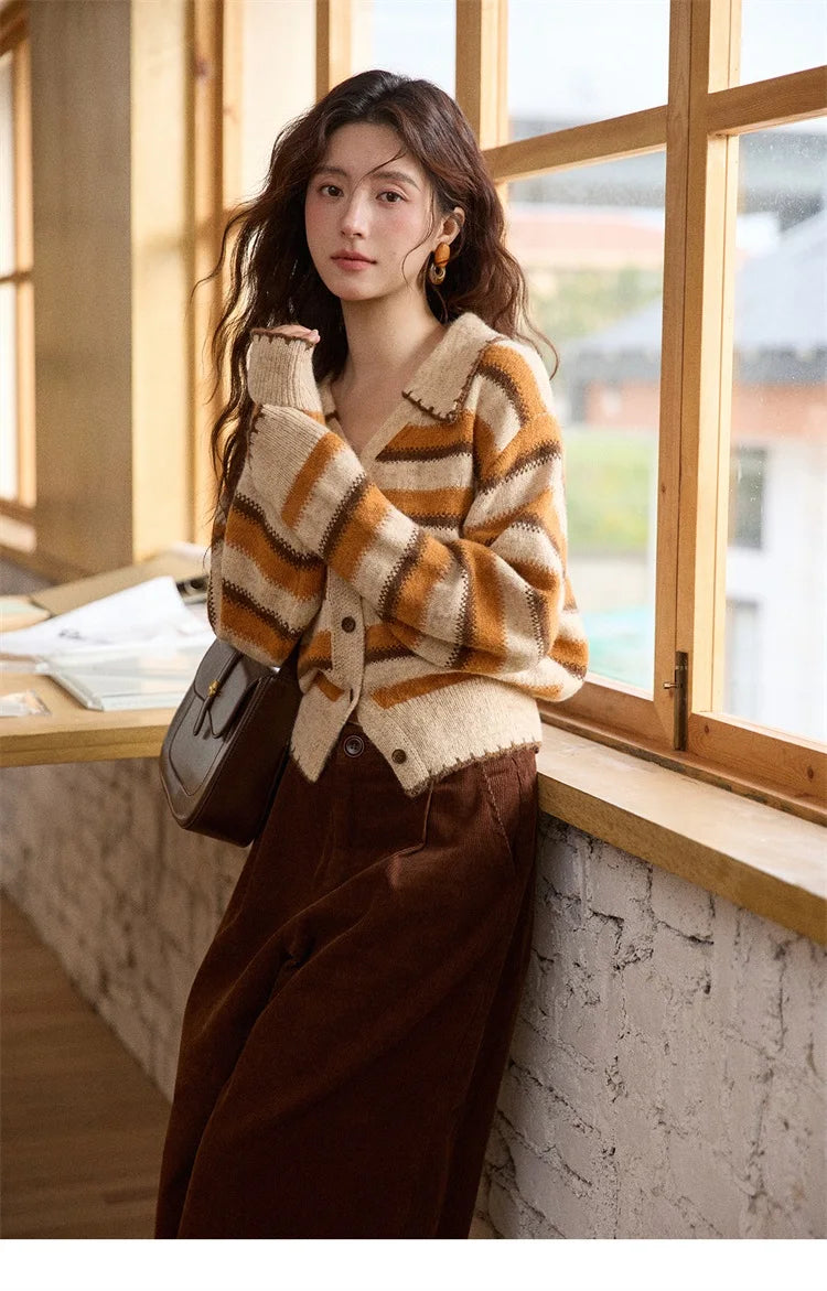 Mishow Retro Striped V-Neck Wool Cardigan MXE87Z2681