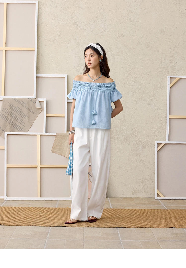MISHOW Mist Blue One Shoulder Blouse Elastic Pleated Puff Sleeve MXE34X1796