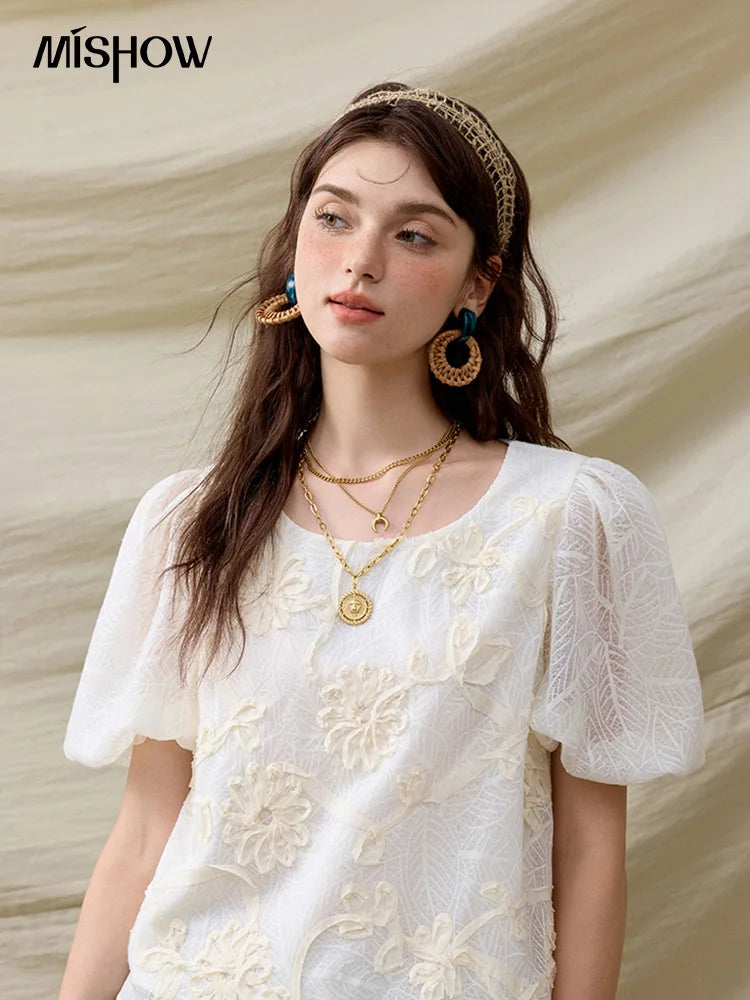 MISHOW Short Puff Sleeve Blouse Round Neck Jacquard MXE32X1772