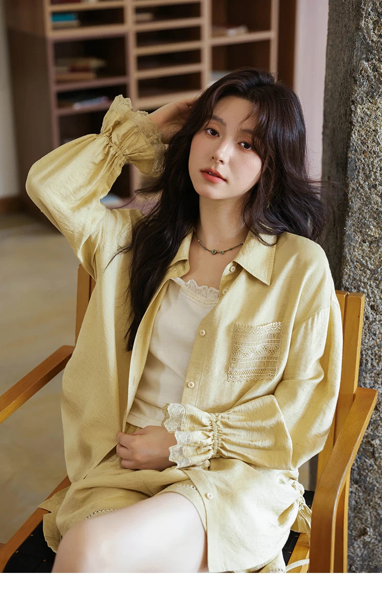 Mishow Yellow Linen Lace Shirt & Camisole & Shorts Three-Piece Set MXE42T0718