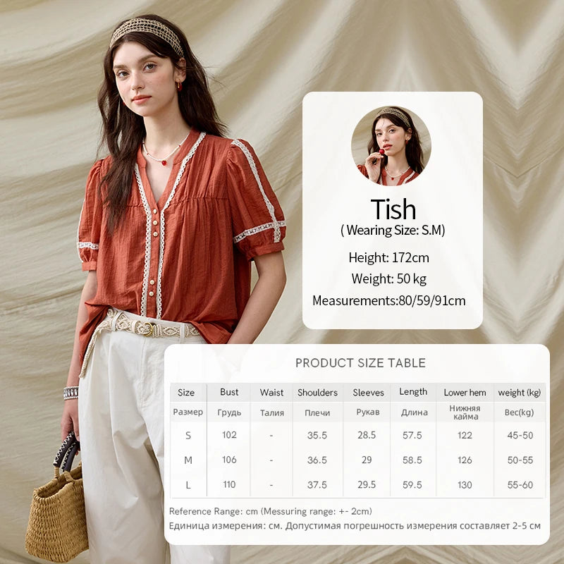 MISHOW French Blouse Women V-Neck Short Sleeve Color Matching Shirt MXE31X1766