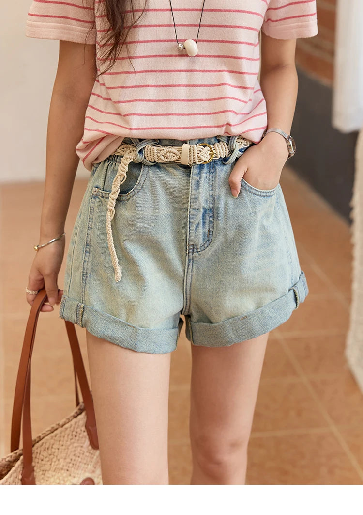 Mishow Retro Light Blue Washed Wide Leg Denim Shorts MXE35K0944
