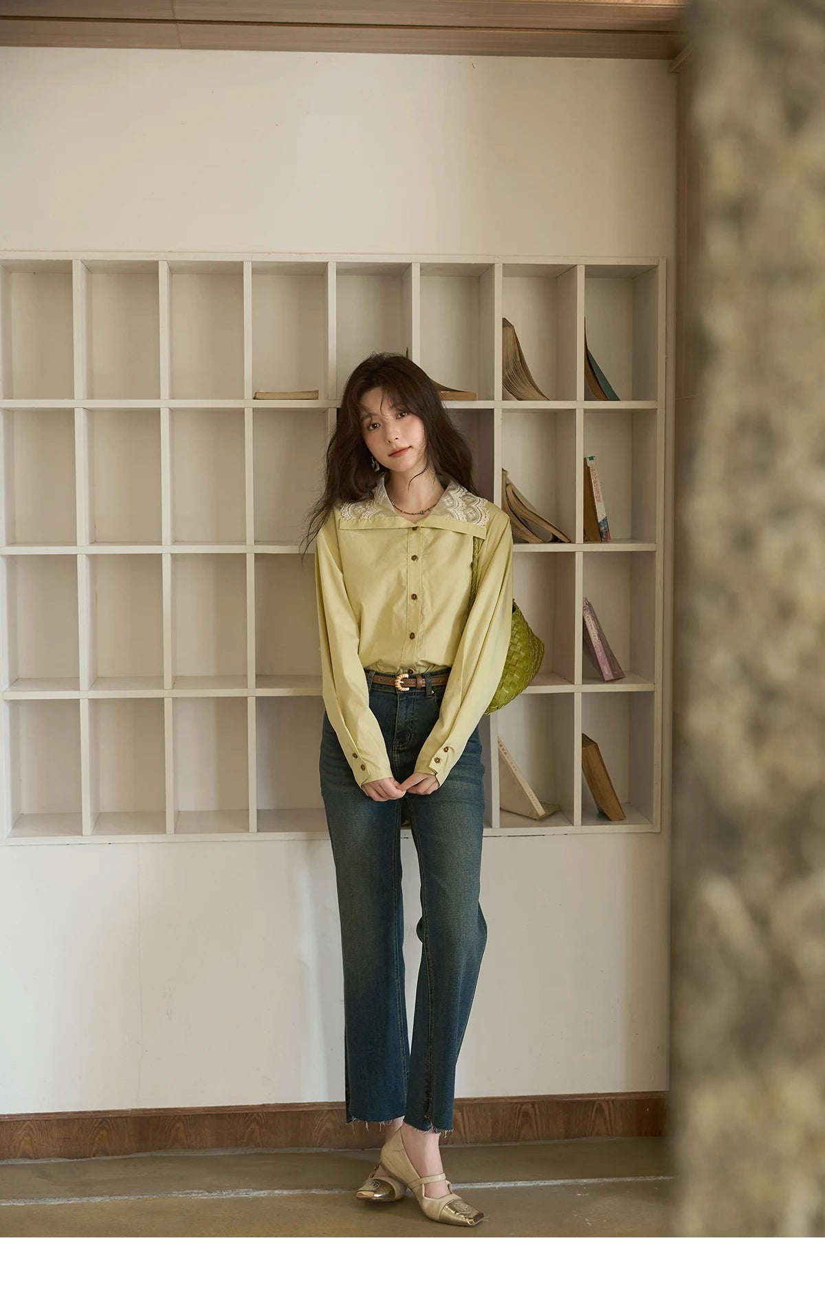 MISHOW Solid Cotton Shirt V-Neck Double Layer Lace MXE41C2366