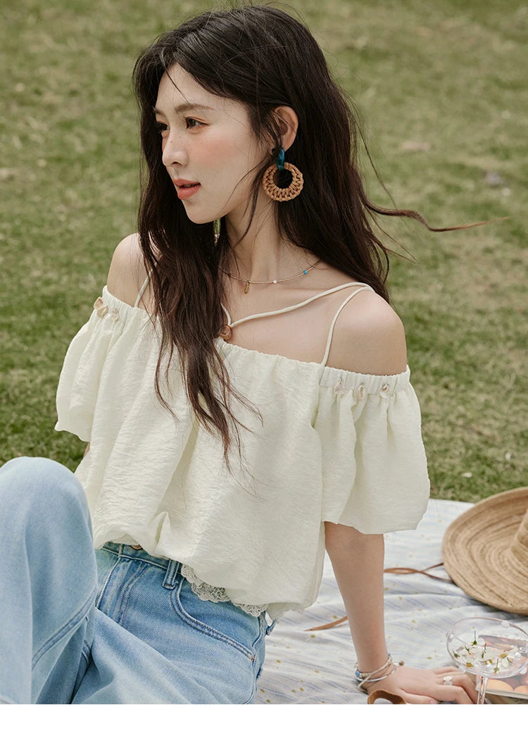 MISHOW French Camisole Shirt Off-Shoulder Lace Puff Sleeve MXE33X1755