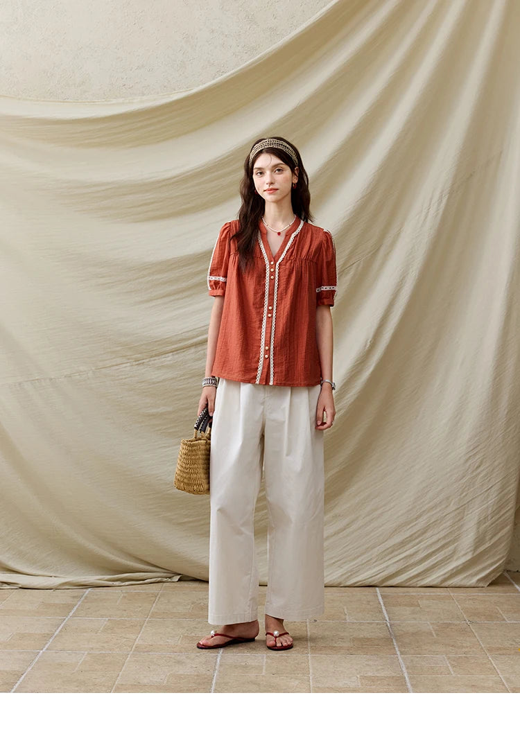 MISHOW French Blouse Women V-Neck Short Sleeve Color Matching Shirt MXE31X1766