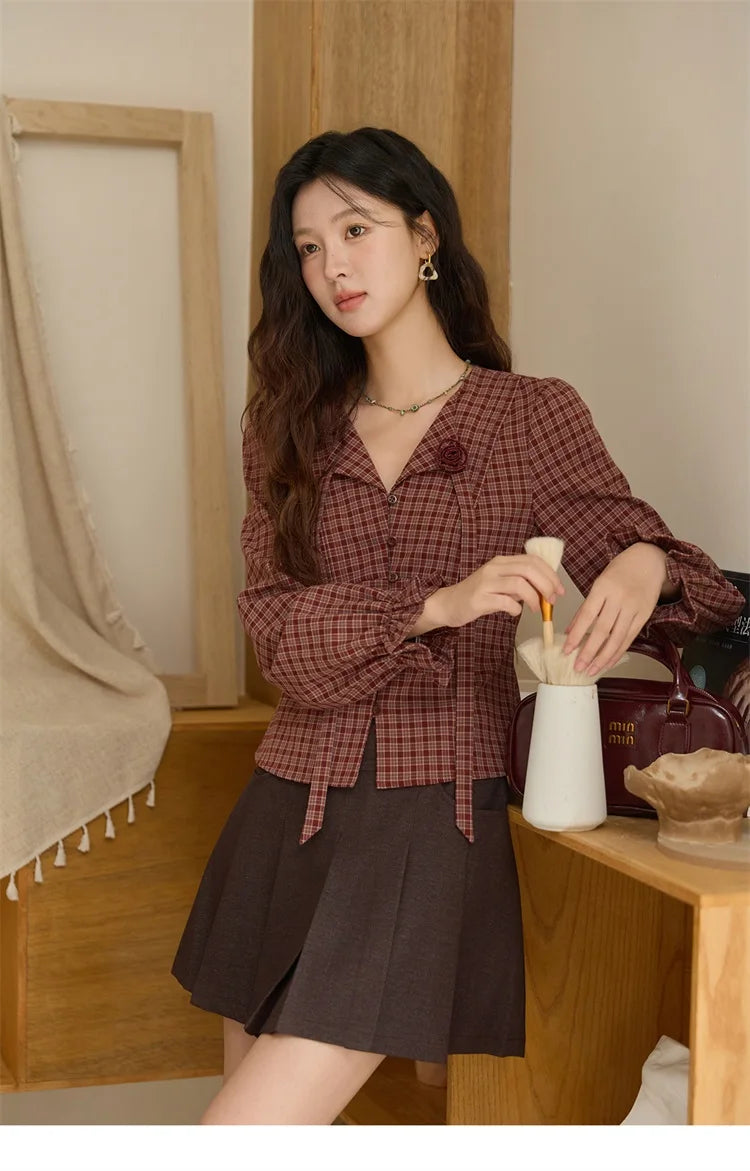 MISHOW Red Tied Plaid Shirt 3D Floral Detail MXE45X2481