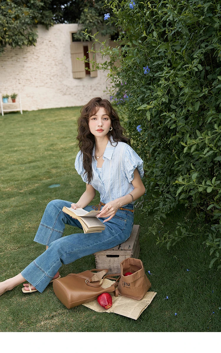 MISHOW Blue Striped Shirt Bubble Sleeves with Tube Top MXD24C0204