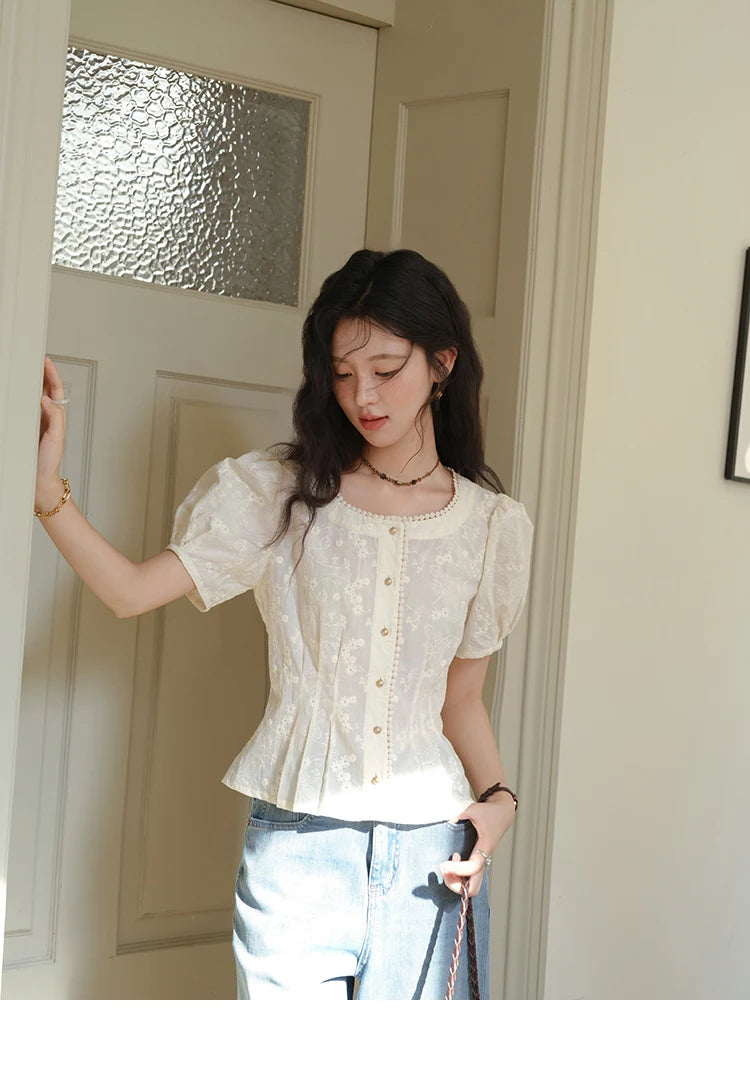 MISHOW Embroidery Cotton Shirt Puff Sleeve Button MXE39X1979