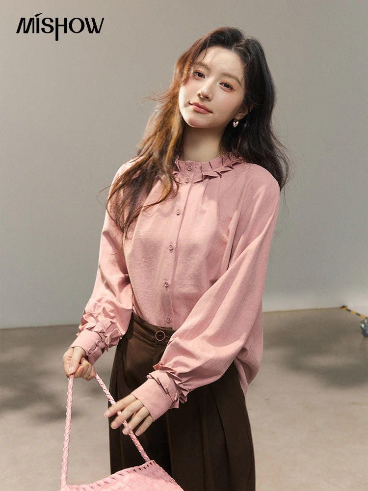 MISHOW Peach Skin Solid Shirt Ruffled Crew Neck MXF11C2431