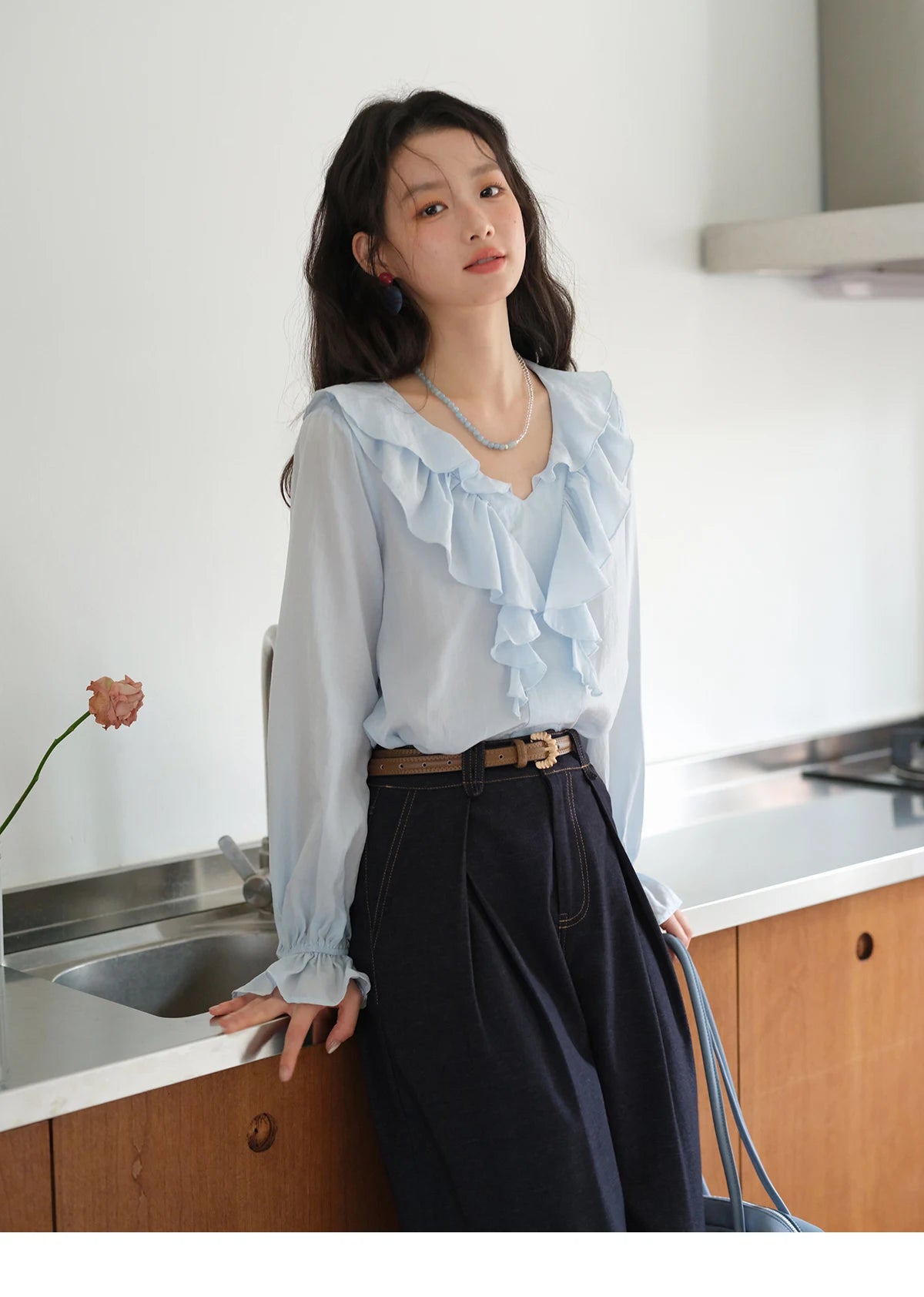 MISHOW Blue Lyocell Ruffled Shirt Flared Sleeves MXE41X1969