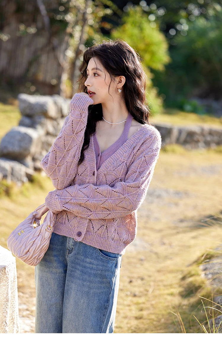 Mishow French Diamond Plaid V-Neck Hollow Cardigan MXE11Z1198