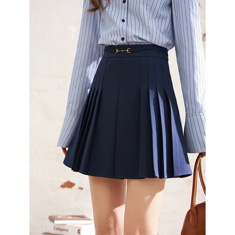 Mishow Dark Blue Pleated Metal Buckle A-Line Skirt MXD12B0224