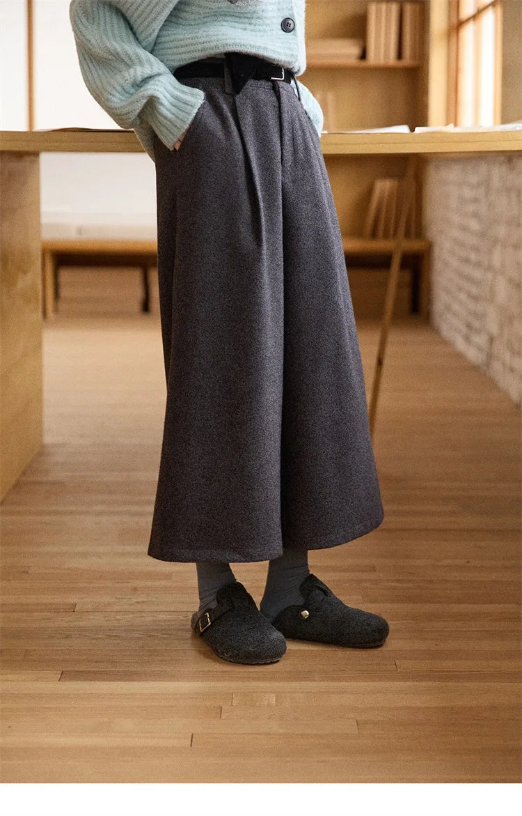 MISHOW Gray Wool Wide-Leg Pants High-Waisted Cropped MXE90K1128