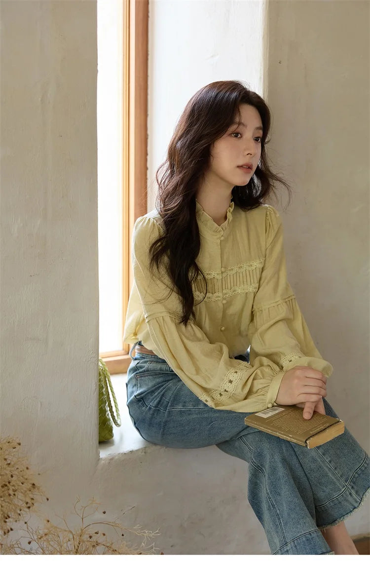 MISHOW Women's Light Yellow Linen Shirt Stand Collar Lace Sleeves MXE42X1976