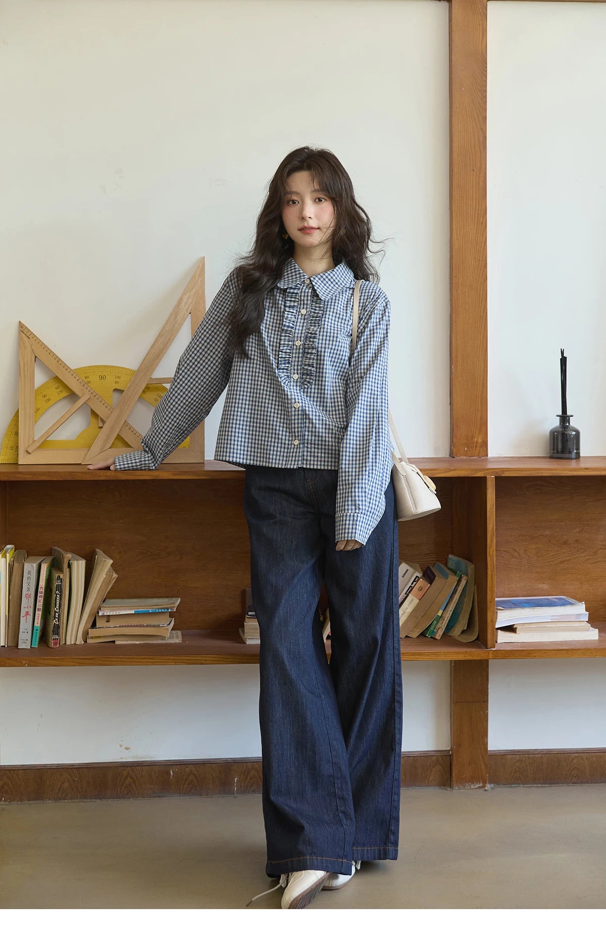MISHOW Blue Plaid Cotton Shirt Doll Collar Dropped Shoulder MXE44C2391