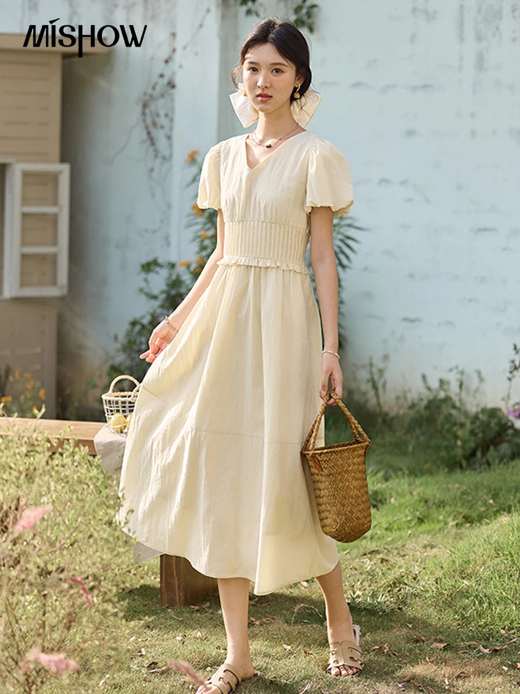 Mishow French Puff Sleeve V-Neck Cotton Dress MXE34L2288