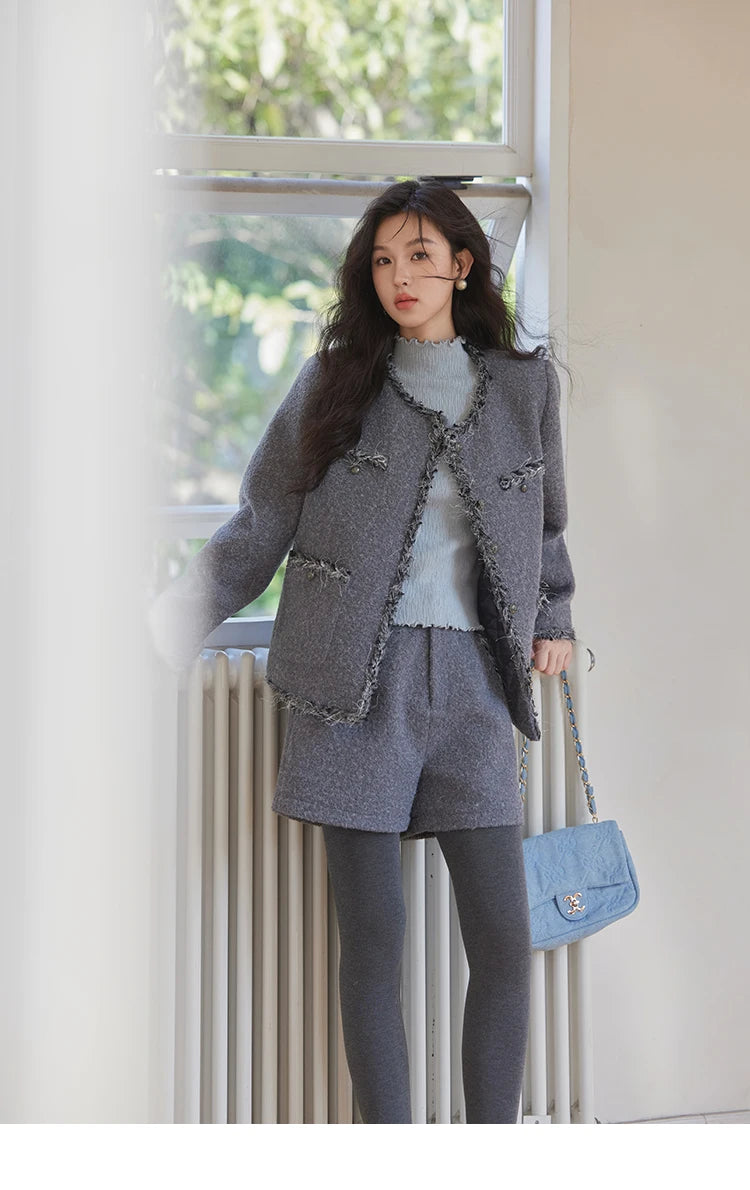 Mishow Plaid Tweed Jacket & Solid Shorts Set MXD35W0489