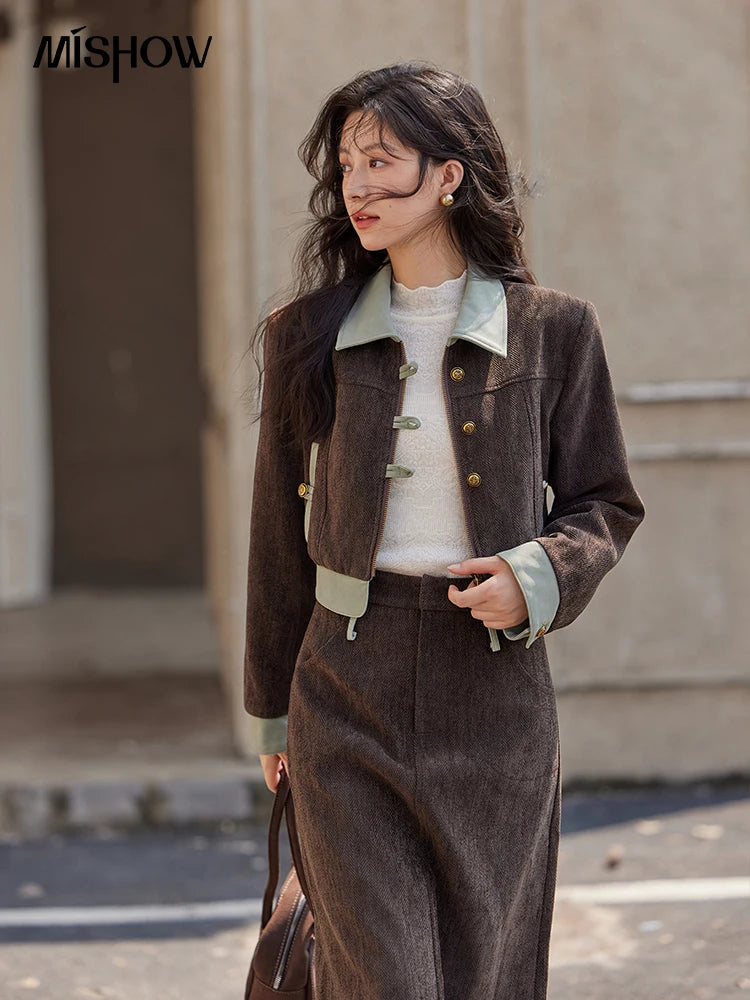 Mishow Fragrant Lapel Jacket & Contrasting Leather Skirt Set MXD43W0444
