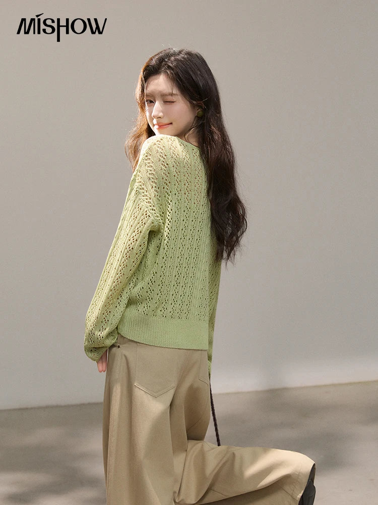 Mishow Green Hollow Cable Knit Top & Camisole Set MXF16T1524