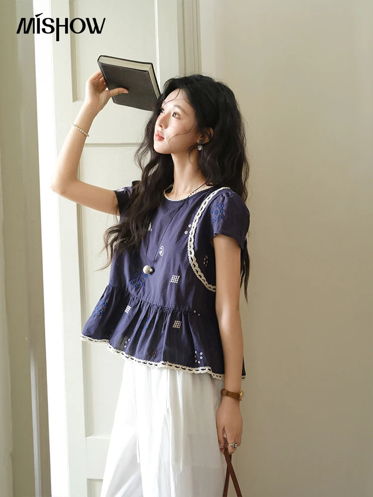 MISHOW O-Neck Spliced Lace Blouse Embroidery Flower MXE39X1965