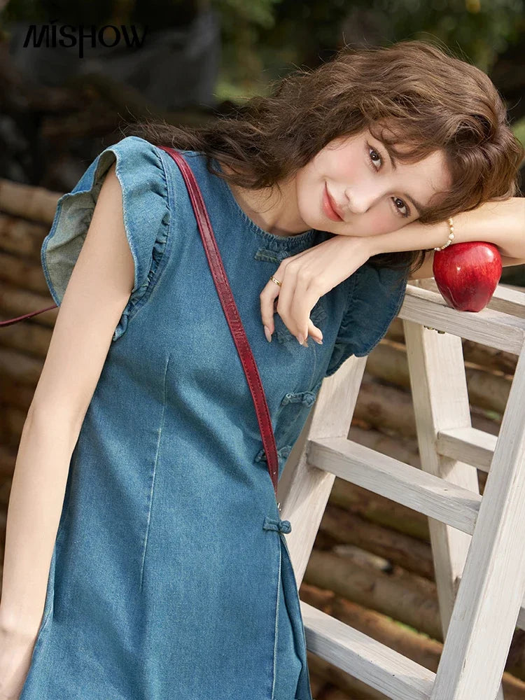 Mishow Chinese Flying Sleeve Split Denim Dress MXD22L1851