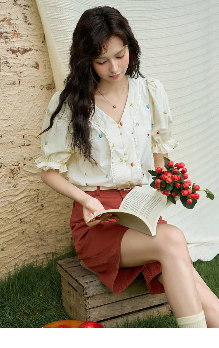 MISHOW 100% Cotton Square Neck Blouse Embroidered Lace Patchwork Puff Sleeve MXD22X1420