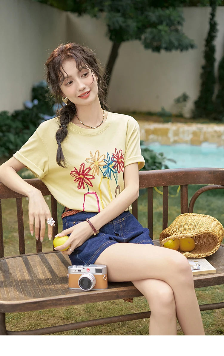 Mishow Embroidered Flower Pocket Wide Leg Denim Shorts MXD26K0707