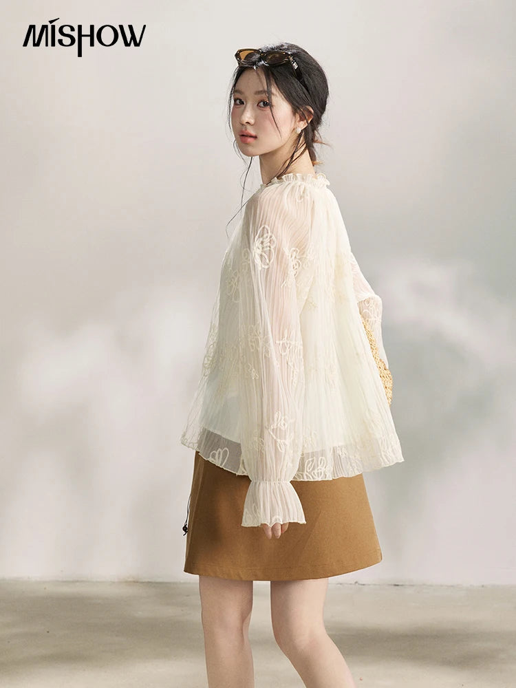 MISHOW Tassel Tie Flower Embroidered Blouse V-Neck Lantern Sleeve MXF13X2525