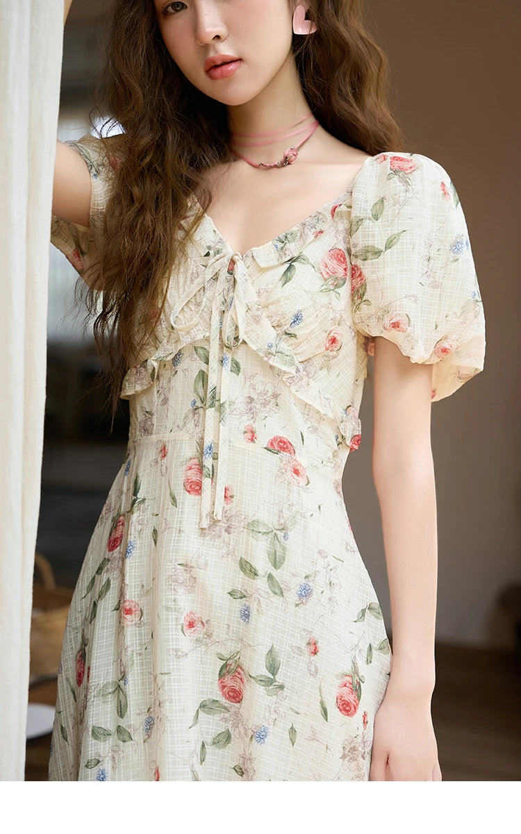 Mishow French A-Line Ruffled V-Neck Puff Sleeve Dress MXC33L1465