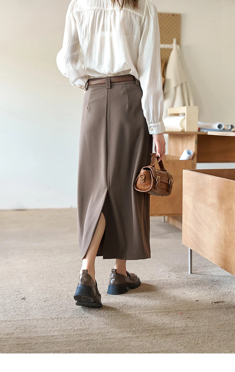 MISHOW Pleated Midi Skirt A-LINE Pockets Split Back Hem MXC42B0118