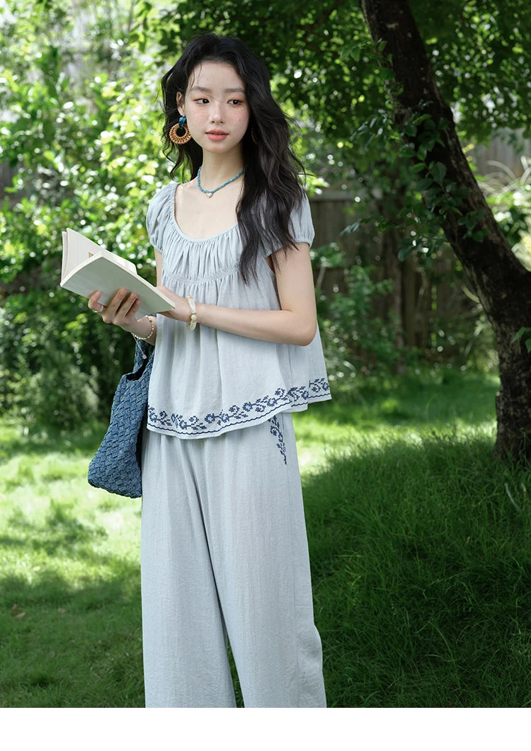 Mishow Embroidery Flower Round Neck Blouse & Pocket Wide Leg Pants Set MXE39T0669