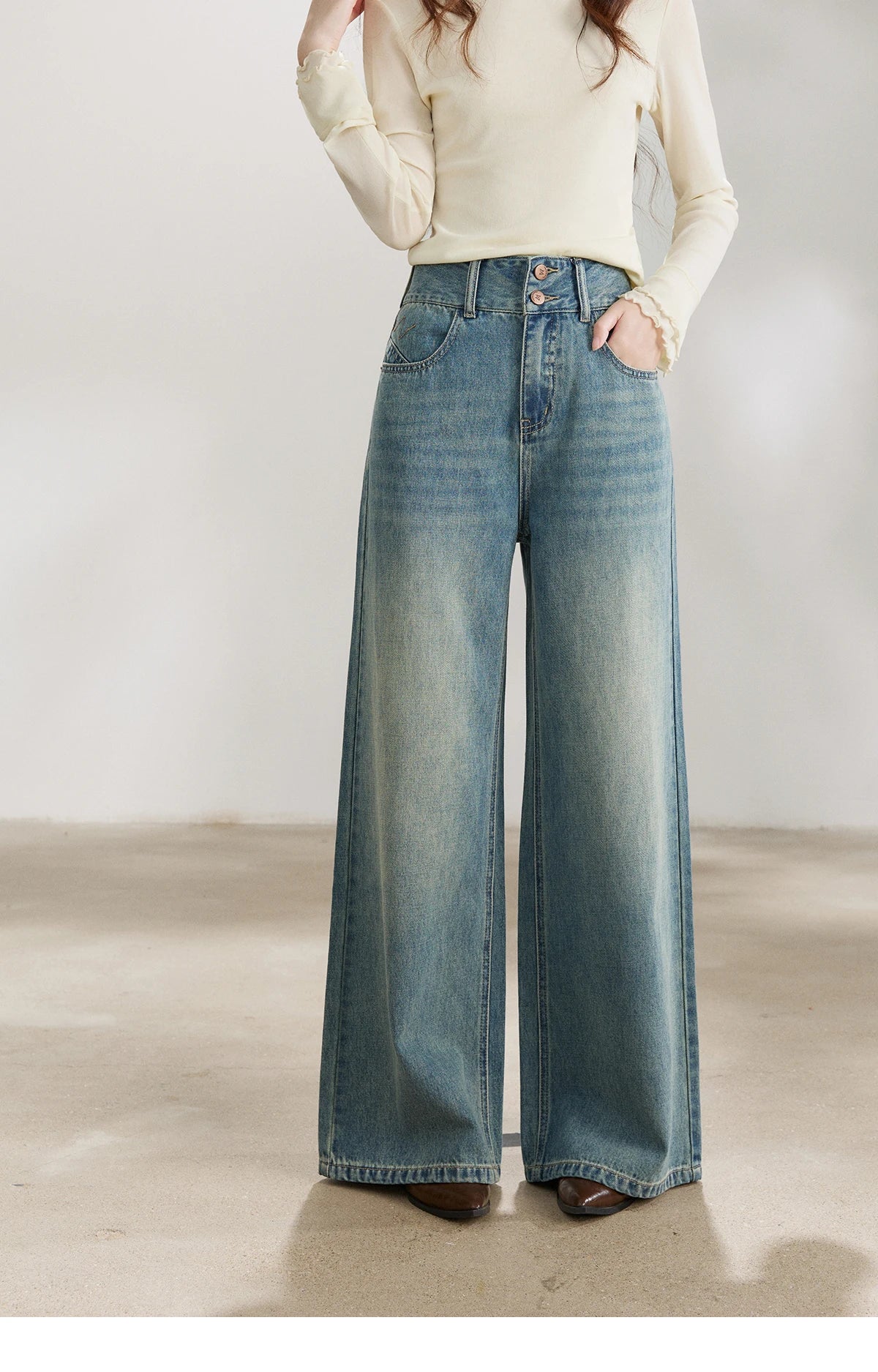 Mishow Vintage Blue Two-Button Wide Leg Jeans MXF108K1005
