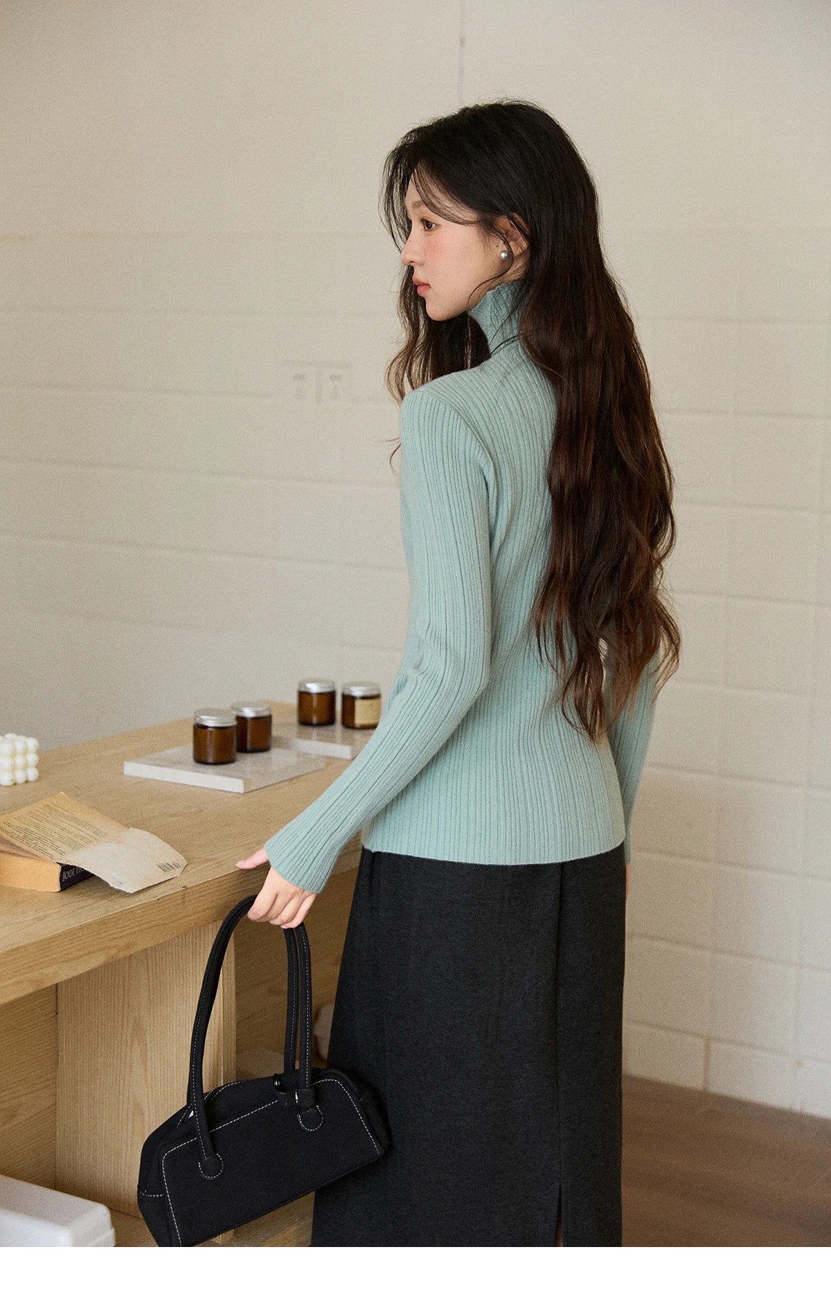 Mishow Solid Turtleneck Vertical Ribbed Slim Top MXE86Z2656