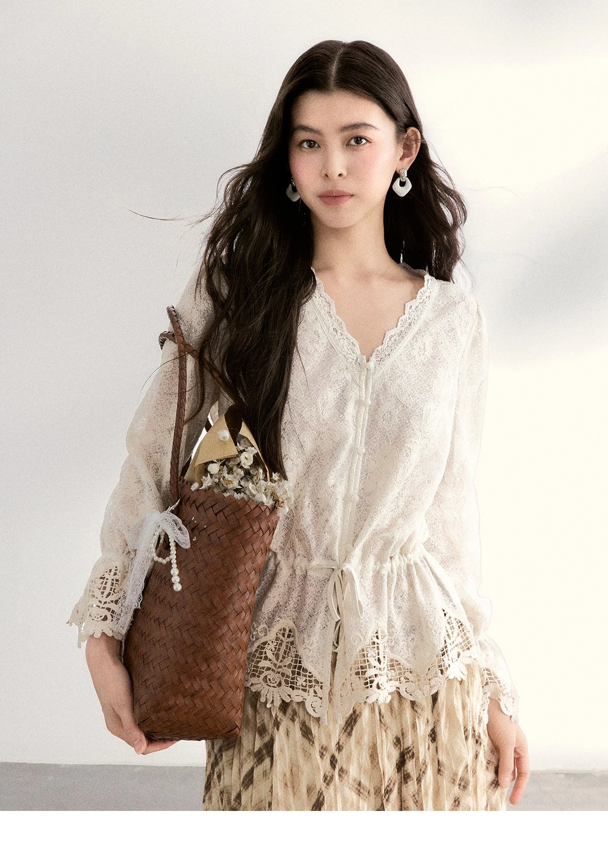 MISHOW Lace V-Neck Blouse Drawstring Waist Ruffled Hem MXF108X0998