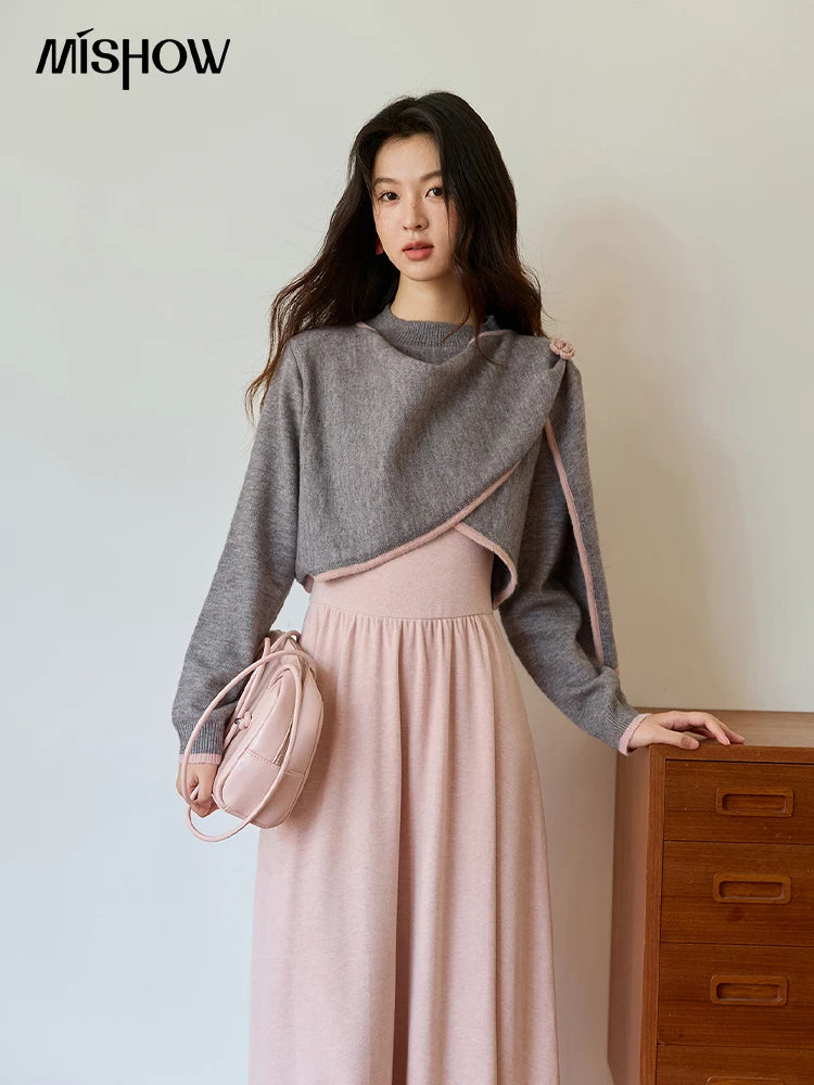 Mishow Pink Irregular Round Neck Top & Suspender Dress Set MXE49T1397