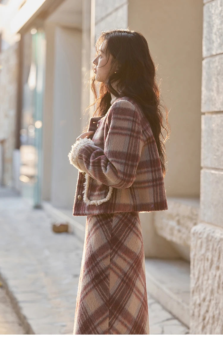 Mishow Plaid Tweed Jacket & Midi Skirt Set MXD54W0562