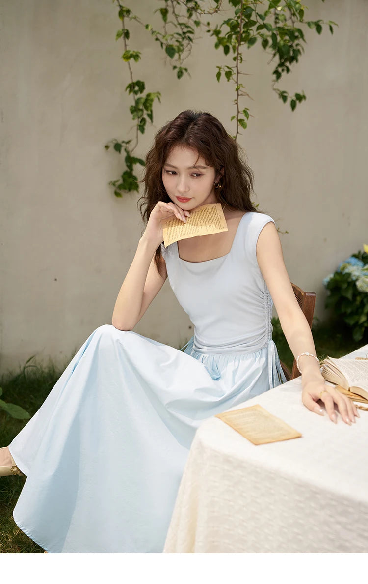 Mishow Square Neck Patchwork Side Drawstring Dress MXD23L1818
