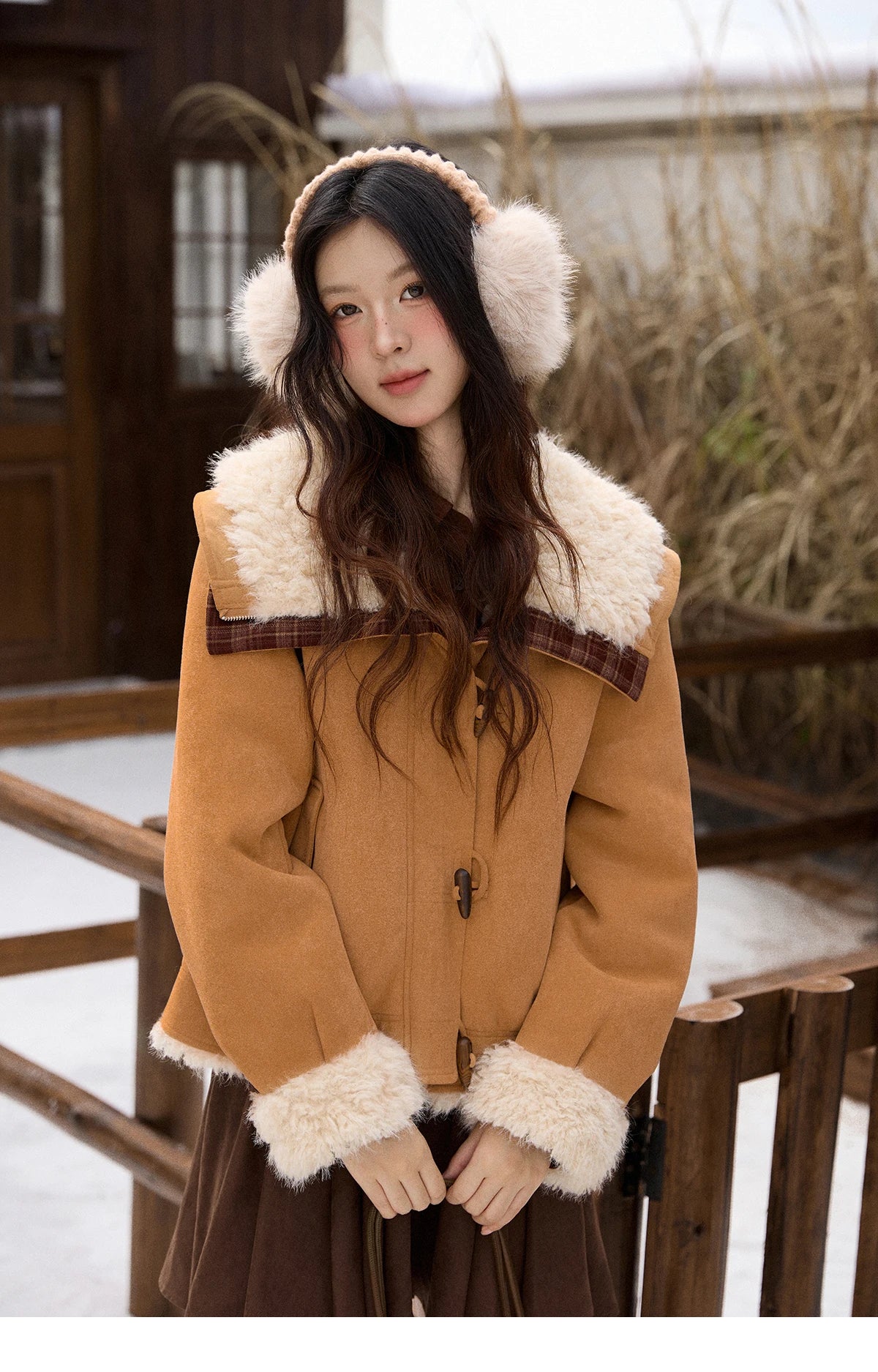 MISHOW Camel Shearling Jacket Faux Fur Collar Splicing Plaid Horn Button MXE91W1002