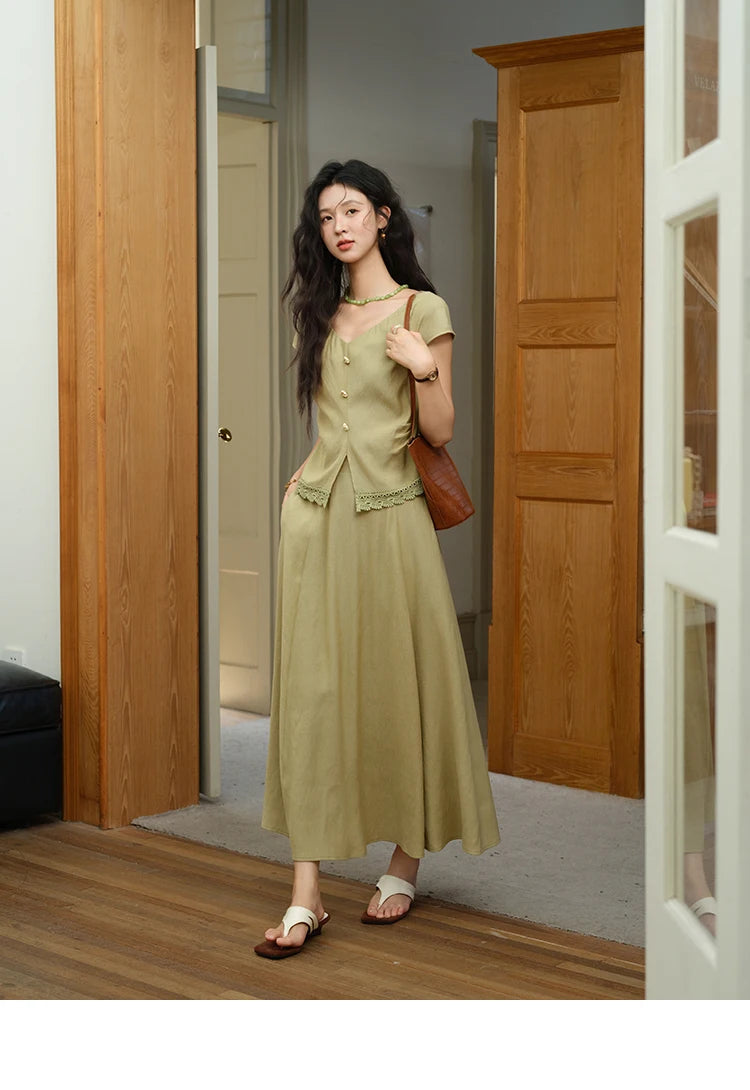 Mishow V-Neck Lace Hollow Top & Pocket A-Line Skirt Set MXE39T0665
