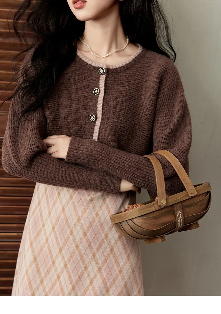 Mishow French Knitted Cardigan & Plaid Camisole Dress Set MXD43L2012