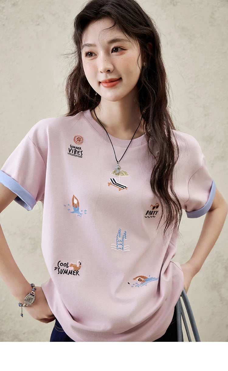 Mishow Embroidered Cartoon Round Neck Tee MXE16T0506