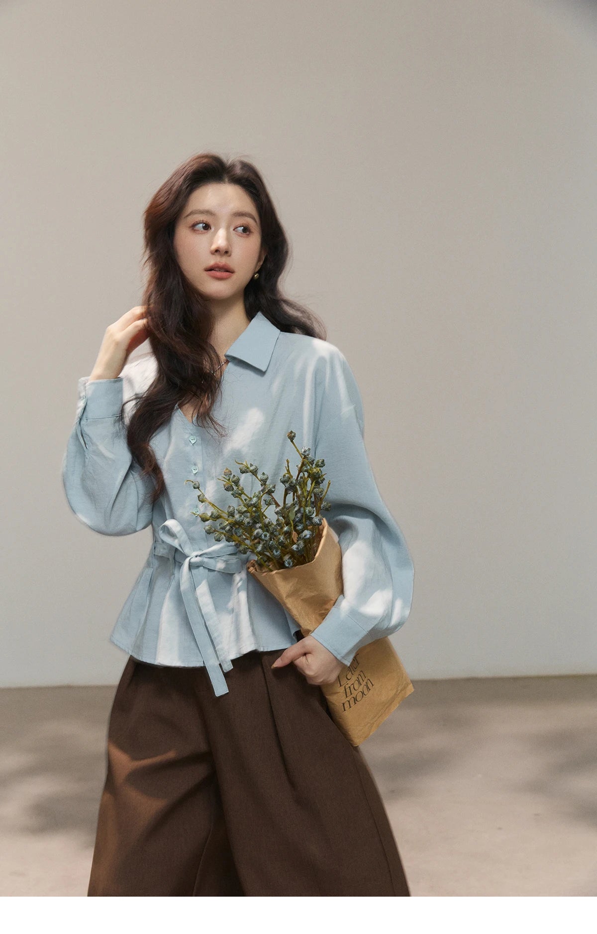 MISHOW Light Blue Lyocell Shirt V-Neck Belted Waist MXF13C2437
