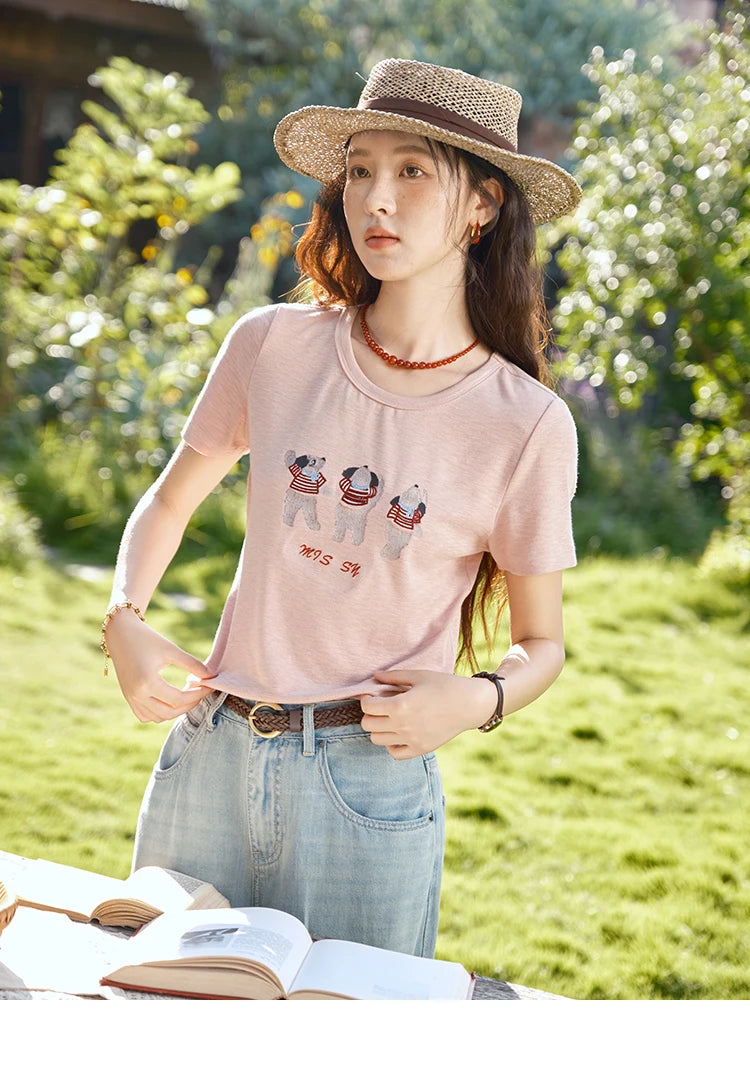 Mishow Little Bear Embroidery Round Neck Tee MXE39T0699