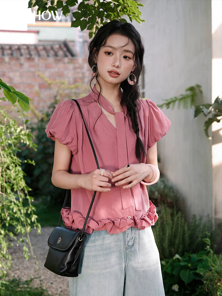 MISHOW V-Neck Puff Sleeve Blouse Lace Up Button Sweet MXE38X1914
