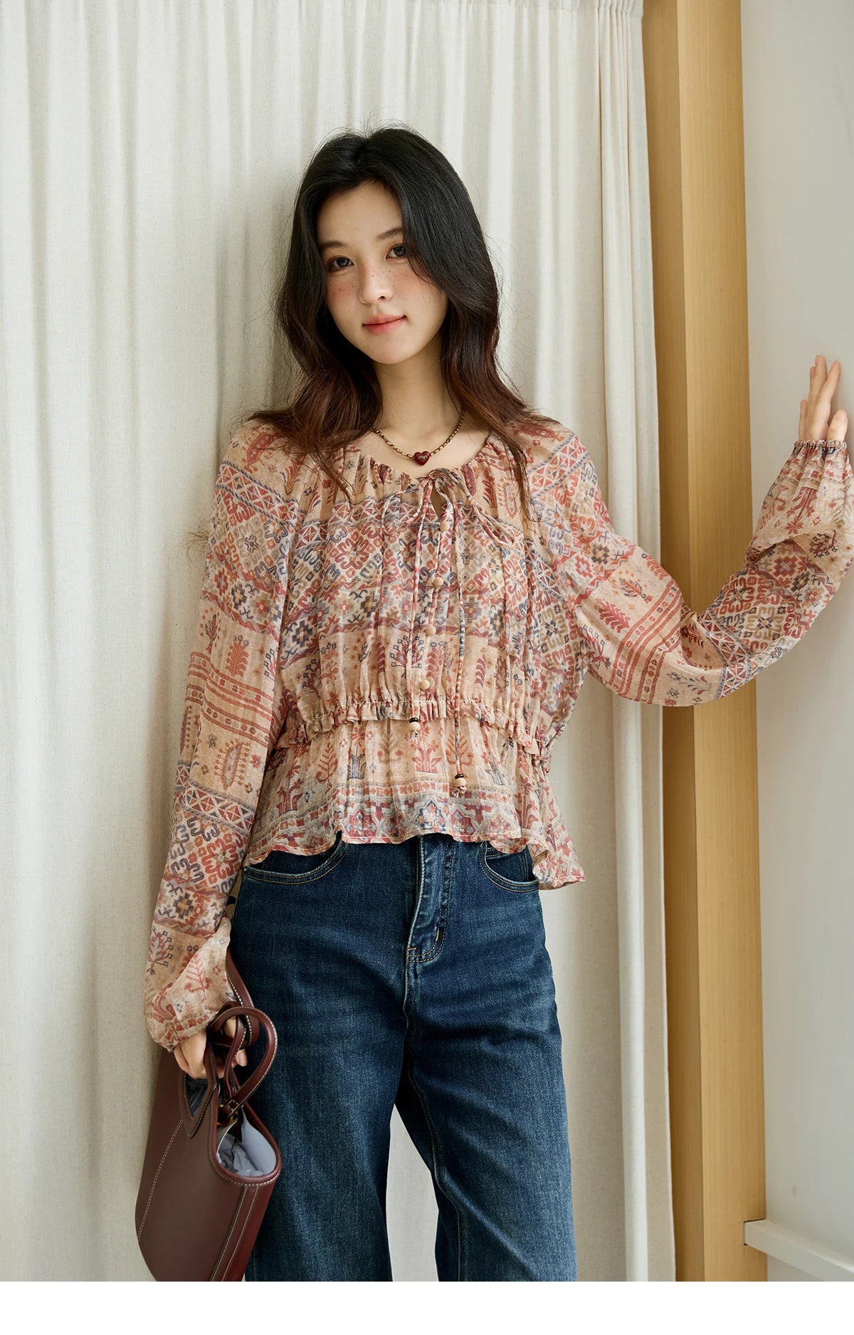 MISHOW National Style Printed Blouse Round Neck Drop Sleeve MXE47X2508