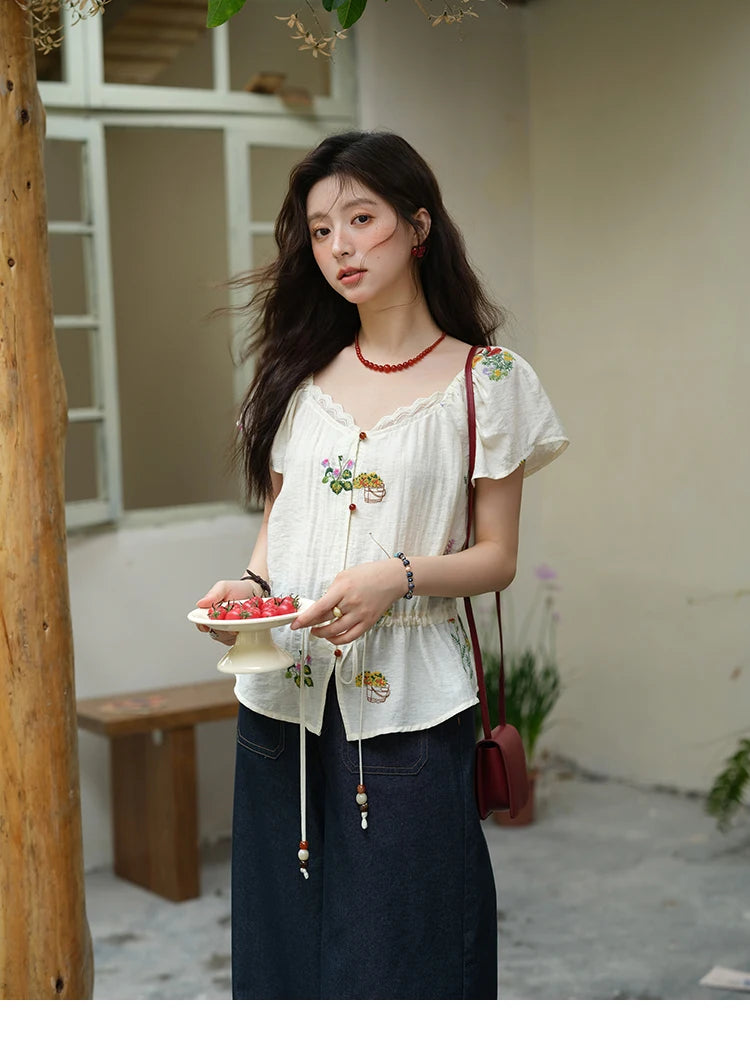 MISHOW Flower Embroidery Square Neck Lace Blouse MXE37X1895