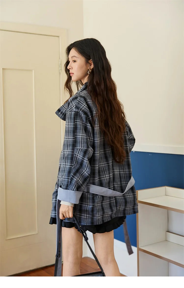 Mishow Blue Plaid Two-Sided Trench Coat MXE48W0871