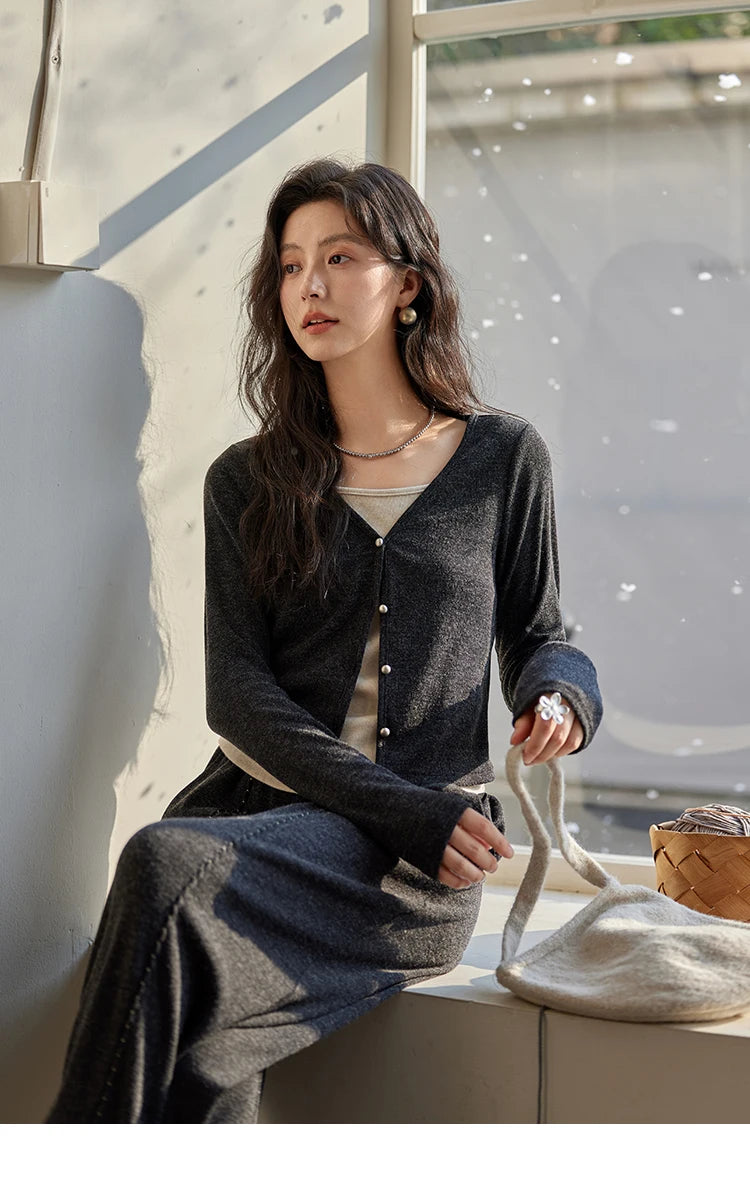 Mishow False Two-Piece Splicing Knit Top & Wide Leg Pants Set MXD35Z0877