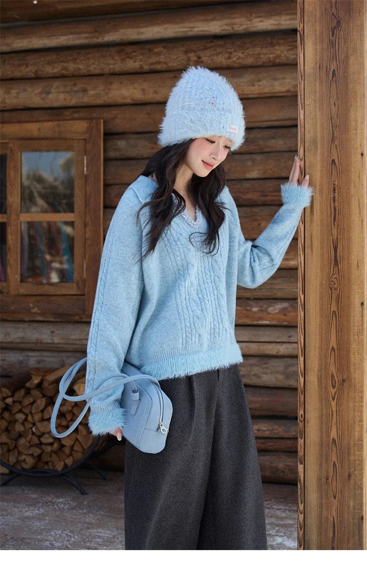 Mishow Blue Polo Collar Cable Faux Mink Pullover MXE88Z2756