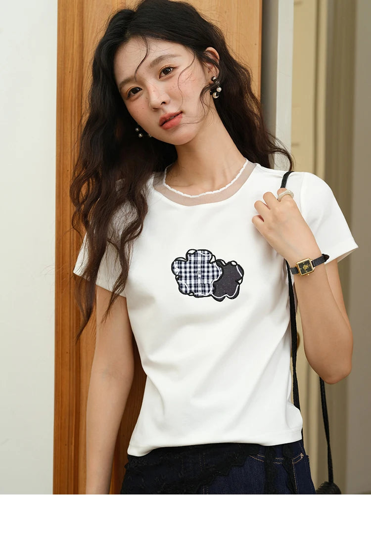 Mishow Lace Edge Splicing Round Neck Tee MXE38T0630